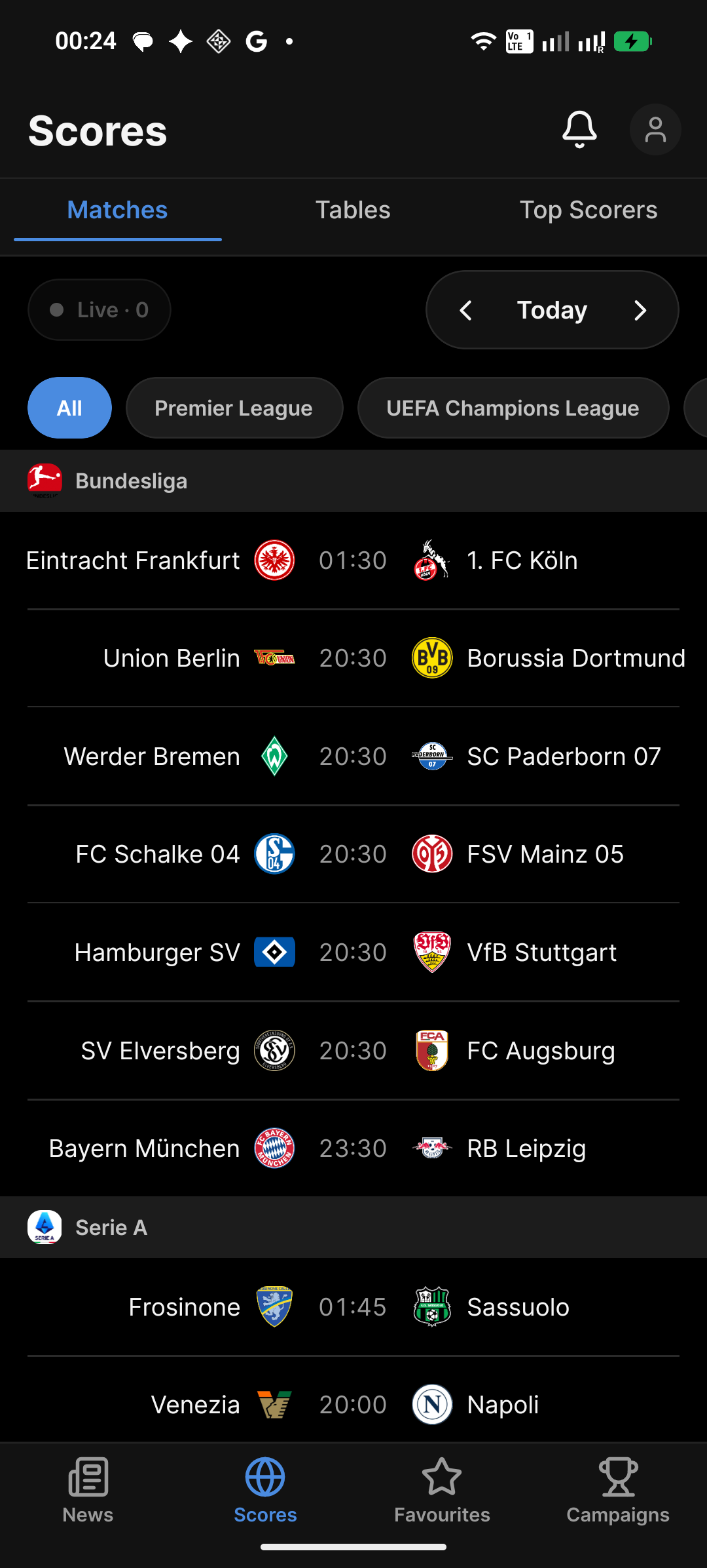 Lay Kyal Scores screen with date controls, league filters and a list of football fixtures